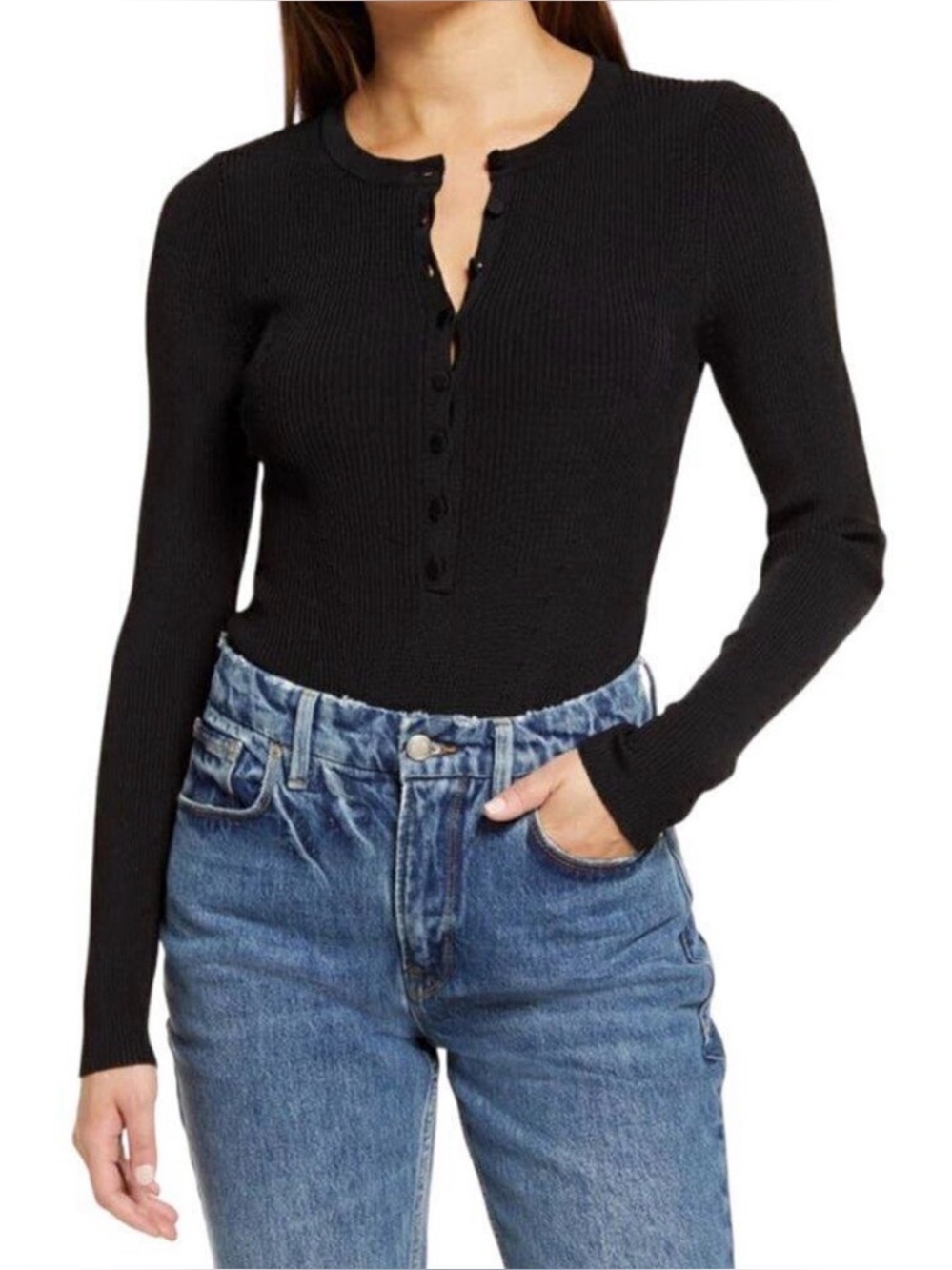 Good American Black Ribbed Long Sleeve Top  SZ 3 or L-